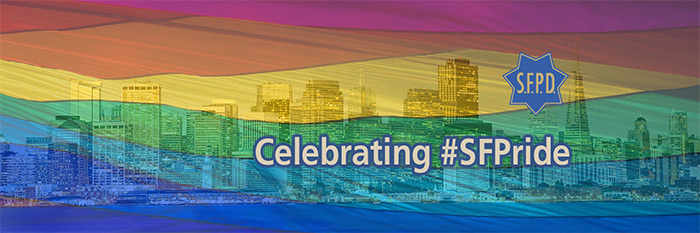 San Francisco Skyline with Rainbow flag SFPD Celebrating #SFPride