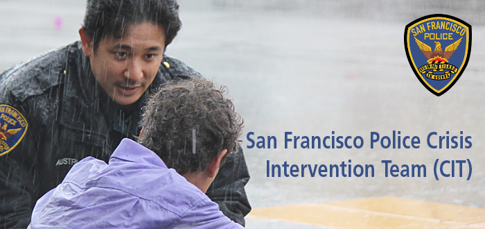 SFPD Crisis Intervention Team image with SFPD officer talking to person on the street