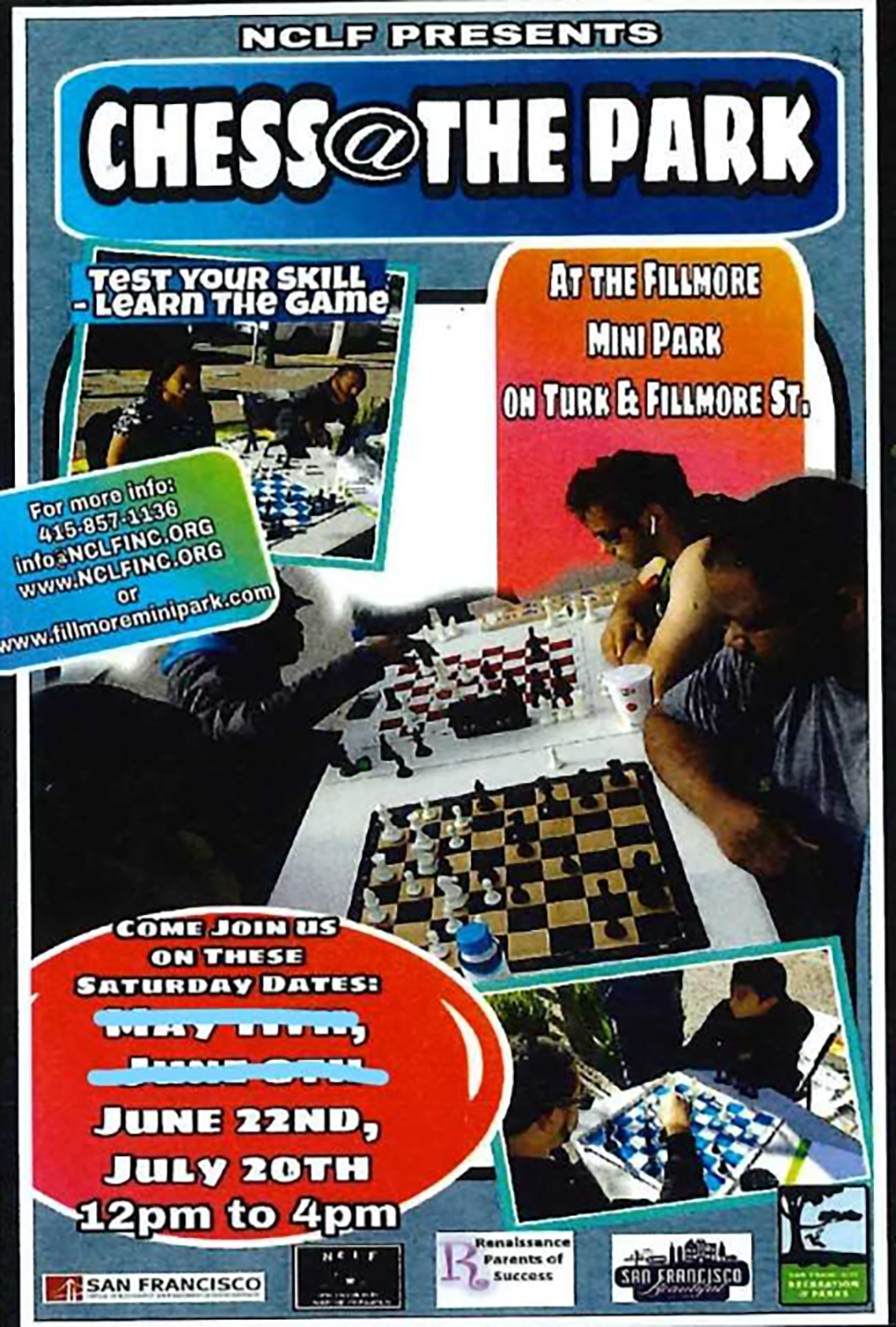 Colorful flier of people playing chess outdoors