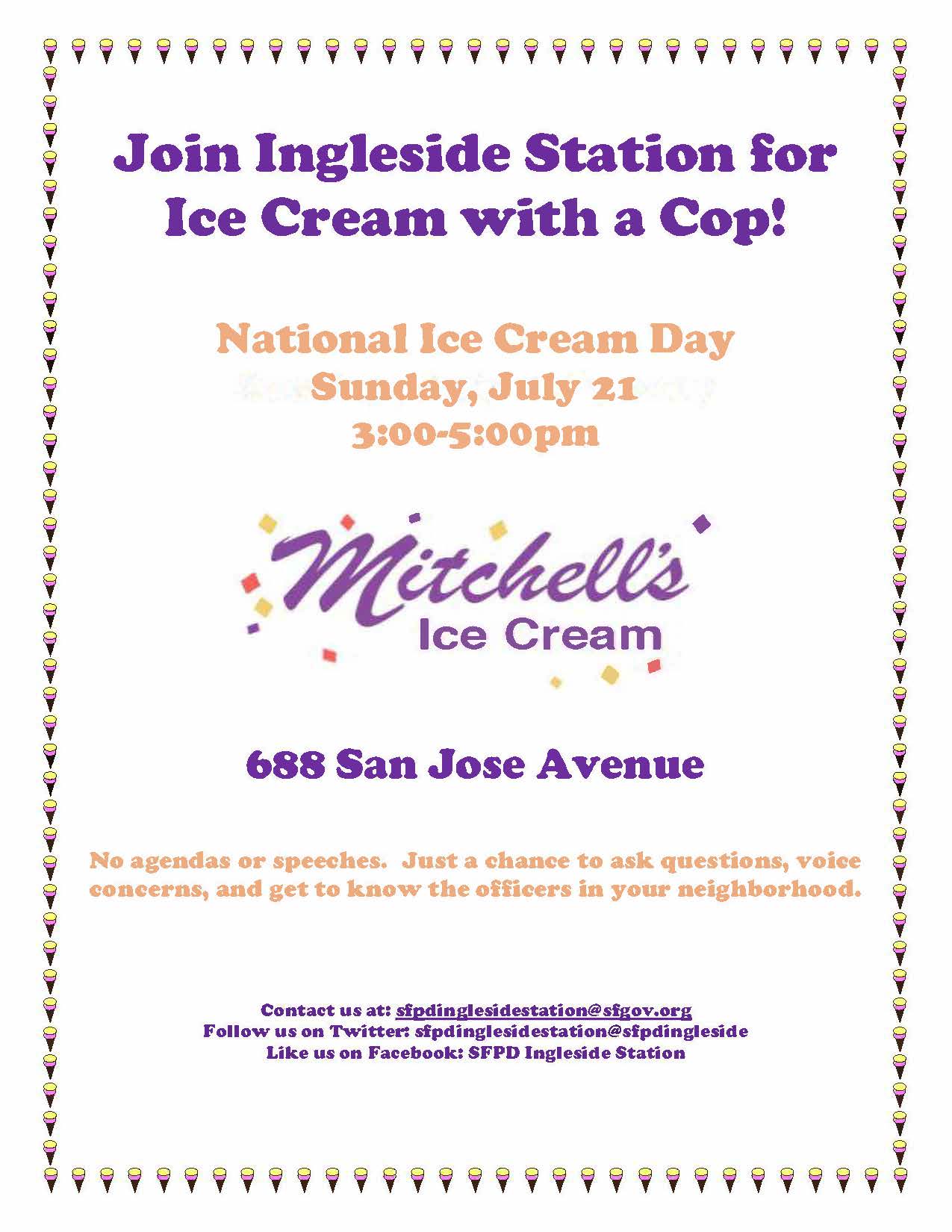 Text flyer for Ingleside Ice Cream with a Cop event