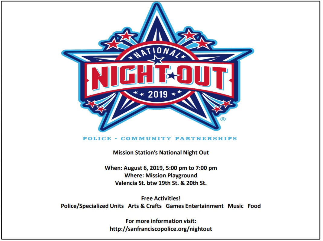 National Night Out 2019 flyer listing events offered by SFPD Mission Station