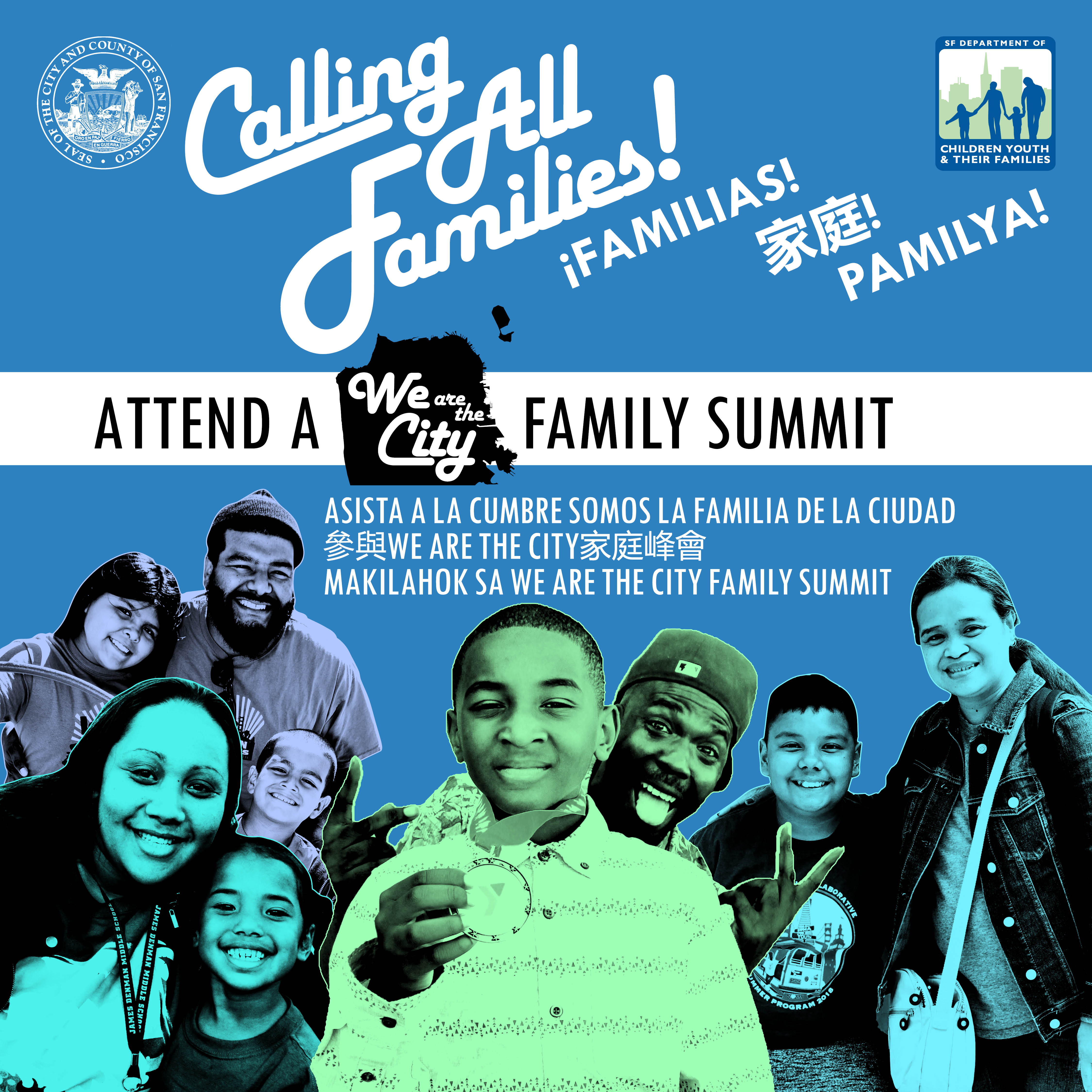 Informational poster of family summit hosted by the department of child, youth, and their families.