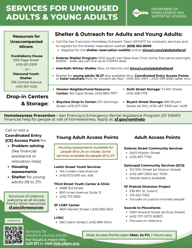 Flyer from the SF Department of Homelessness and Supportive Housing listing services for unhoused adults and young adults, including shelters, drop-in centers, youth services, storage sites, coordinated entry access points, and rental assistance. Contact numbers and locations are provided, with most services open Monday to Friday.