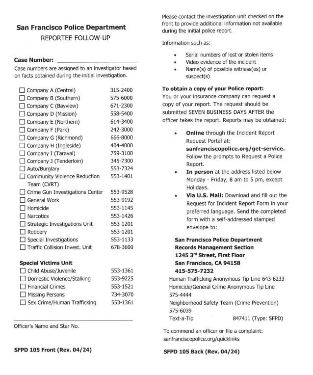 Screenshot of 105 form (Rev 4/24) Reportee Follow-up Form 