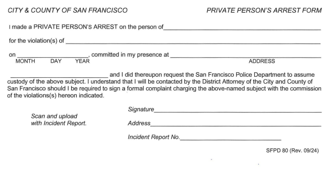screenshot of Form 80 PRIVATE PERSON'S ARREST FORM