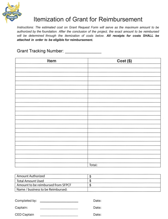 Screenshot image of Itemization of Grant for reimbursement form