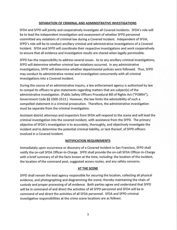 The MOU outlines the agreement between the San Francisco District Attorney's Officer and the San Francisco Police Department regarding the procedures for the criminal investigation of "Covered Incidents" to determine if an officer committed a criminal offense, Page 3