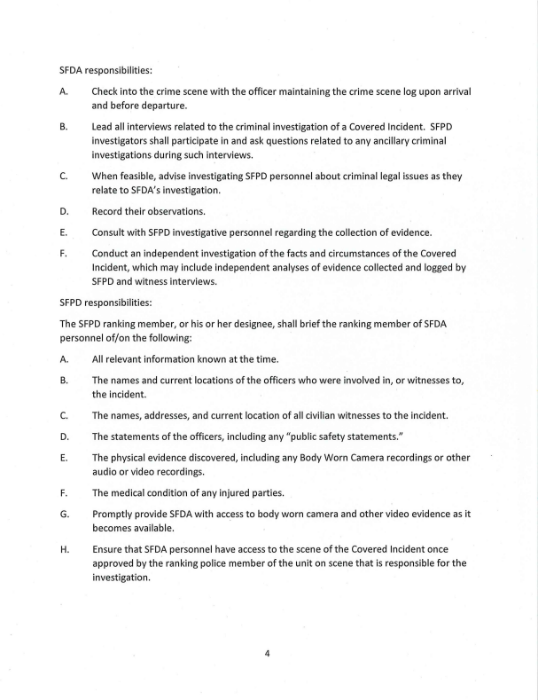 The MOU outlines the agreement between the San Francisco District Attorney's Officer and the San Francisco Police Department regarding the procedures for the criminal investigation of "Covered Incidents" to determine if an officer committed a criminal offense, Page 4