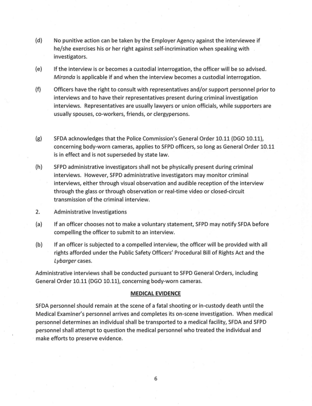 The MOU outlines the agreement between the San Francisco District Attorney's Officer and the San Francisco Police Department regarding the procedures for the criminal investigation of "Covered Incidents" to determine if an officer committed a criminal offense, Page 6