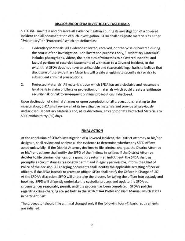 The MOU outlines the agreement between the San Francisco District Attorney's Officer and the San Francisco Police Department regarding the procedures for the criminal investigation of "Covered Incidents" to determine if an officer committed a criminal offense, Page 8
