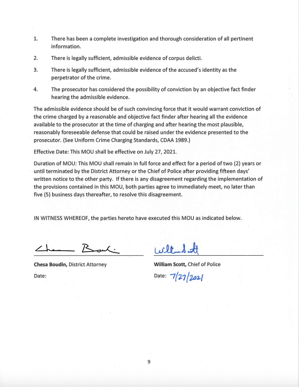 The MOU outlines the agreement between the San Francisco District Attorney's Officer and the San Francisco Police Department regarding the procedures for the criminal investigation of "Covered Incidents" to determine if an officer committed a criminal offense, Page 9