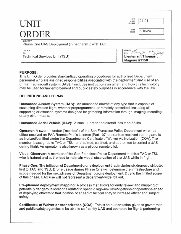 Department Drone Policy Unit Order Issued to Technical Services Unit (TSU) (24-01) page1