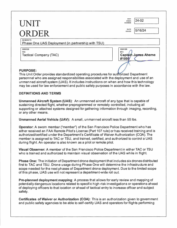 Department Drone Policy Unit Order Issued to Tactical Company (TAC) (24-02) page 1