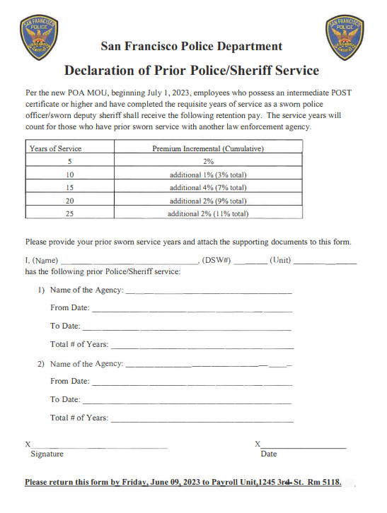 Screenshot of Declaration of Prior Police/Sheriff Service form for Sworn police officer to fill out and submit to the Payroll Unit