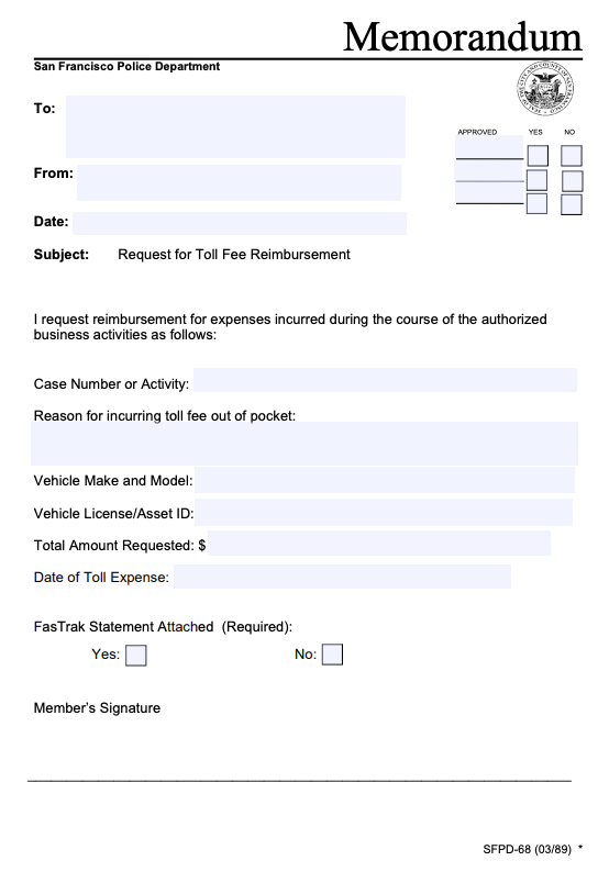 Image of “Request for Toll Fee Reimbursement" form for SFPD members to seek for seeks reimbursement
