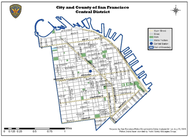 Map of San Francisco's Central District showing streets, parks, and water features.