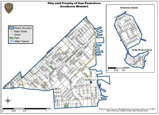 Map of San Francisco's Souther Station showing streets, parks, and water features.