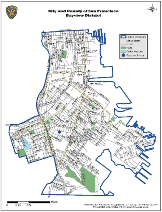 Map of San Francisco's Bayview District showing streets, parks, and water features.