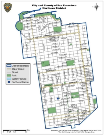 Map of San Francisco's Northern District showing streets, parks, and water features.