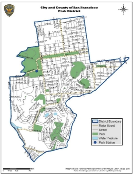 Map of San Francisco's Central District showing streets, parks, and water features.