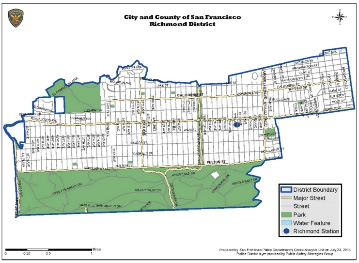 Map of San Francisco's Richmond District showing streets, parks, and water features.