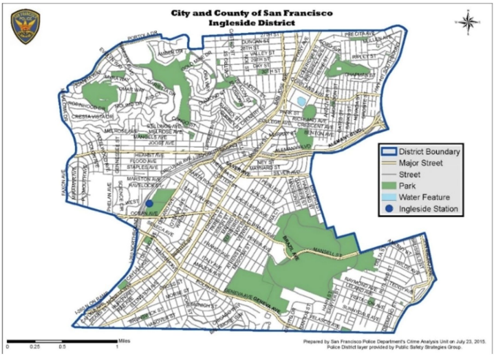 Map of San Francisco's Ingleside District showing streets, parks, and water features.