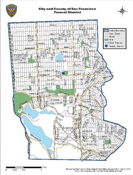 Map of San Francisco's Taravel District showing streets, parks, and water features.