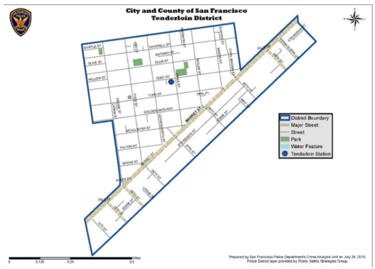 Map of San Francisco's Tenderloin District showing streets, parks, and water features.