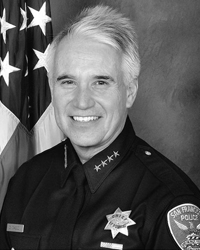 Black & white photo of SFPD Chief George Gascon