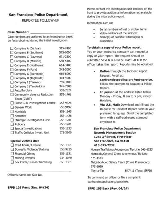 Screenshot of 105 form (Rev 4/24) Reportee Follow-up Form 