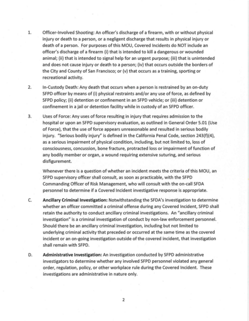 The MOU outlines the agreement between the San Francisco District Attorney's Officer and the San Francisco Police Department regarding the procedures for the criminal investigation of "Covered Incidents" to determine if an officer committed a criminal offense, Page 2