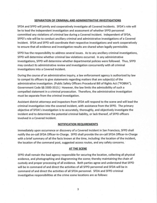 The MOU outlines the agreement between the San Francisco District Attorney's Officer and the San Francisco Police Department regarding the procedures for the criminal investigation of "Covered Incidents" to determine if an officer committed a criminal offense, Page 3