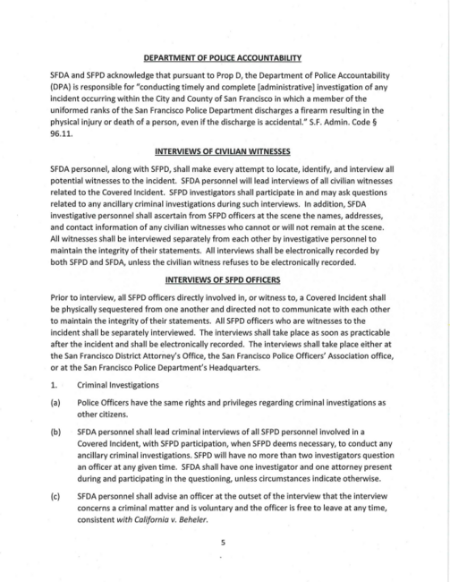 The MOU outlines the agreement between the San Francisco District Attorney's Officer and the San Francisco Police Department regarding the procedures for the criminal investigation of "Covered Incidents" to determine if an officer committed a criminal offense, Page 5