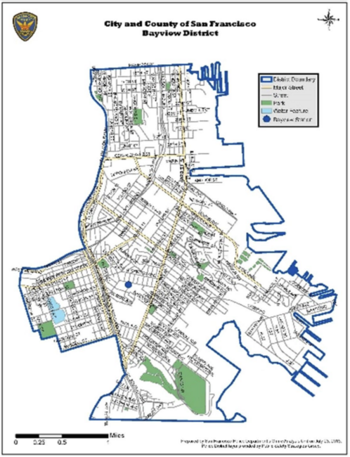 Map of San Francisco's Bayview District showing streets, parks, and water features.