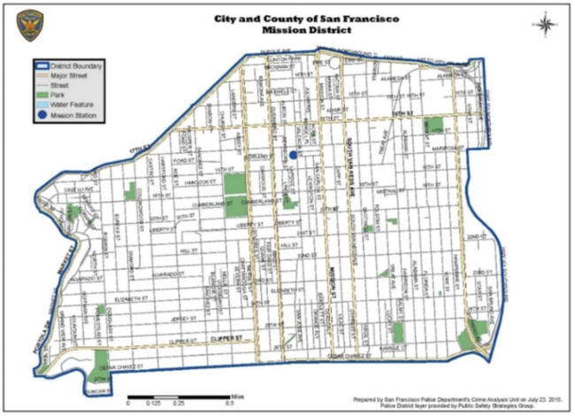 Map of San Francisco's Mission District showing streets, parks, and water features.
