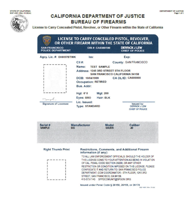 Image of a sample concealed carry weapon (ccw) license