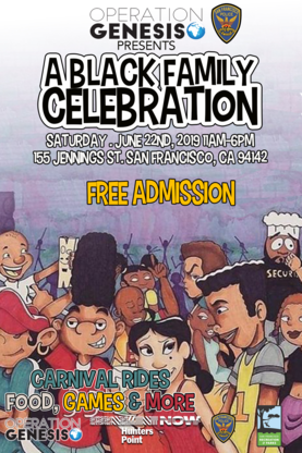 A Black Family Celebration flyer featuring a cartoon illustration of people